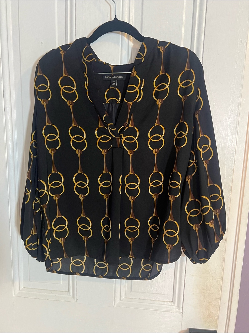 Banana Republic Black Blouse with Gold Link Print